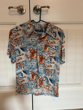 Kids Short-Sleeve Button-Down Shirt in Blue & Orange Wave Print